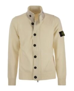 Stone Island High Neck Logo Patch Ribbed Cardigan