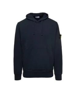 Stone Island Blue Hoodie With Side Logo Patch In Cotton Man