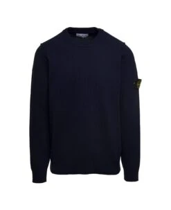 Stone Island Blue T-shirt With Long Sleeves And Side Logo Patch In Wool Blend Man