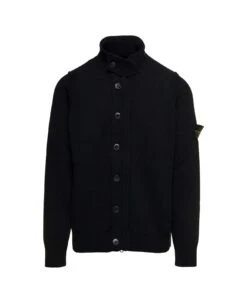 Stone Island Black Mock Neck T-shirt And Buttoned Fastening In Wool Blend Man