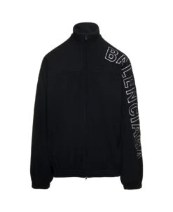 Balenciaga Black Oversized Jacket With Turtleneck And Contrasting Lettering In Brushed Fleece Man