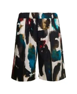 Alexander McQueen Multicolor Elasticated Shorts With All-over Lettering In Cotton Man
